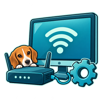 network equipment next to a beagle