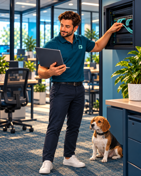 Pacific Bayou employee working on network rack with beagle sitting next to them