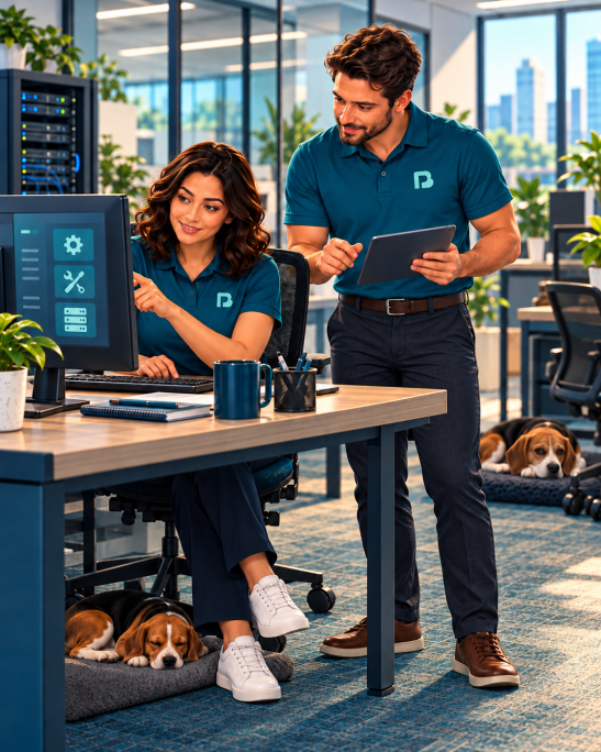 2 Pacific Bayou employees in office having a discussion