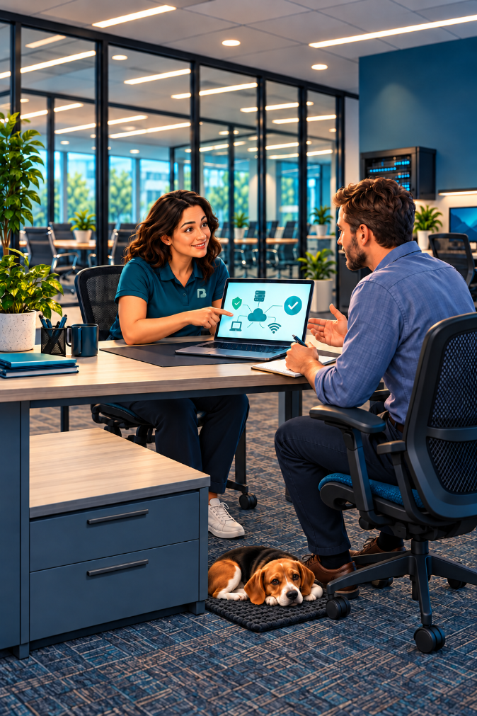 Pacific Bayou IT consulting with a customer with a beagle under their chair
