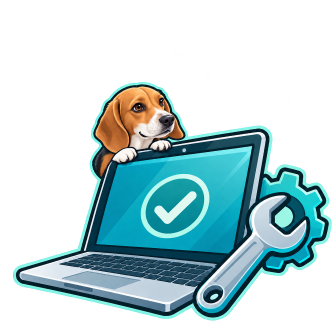 laptop with tools next to a beagle