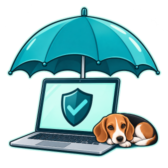 laptop under an umbrella next to a beagle